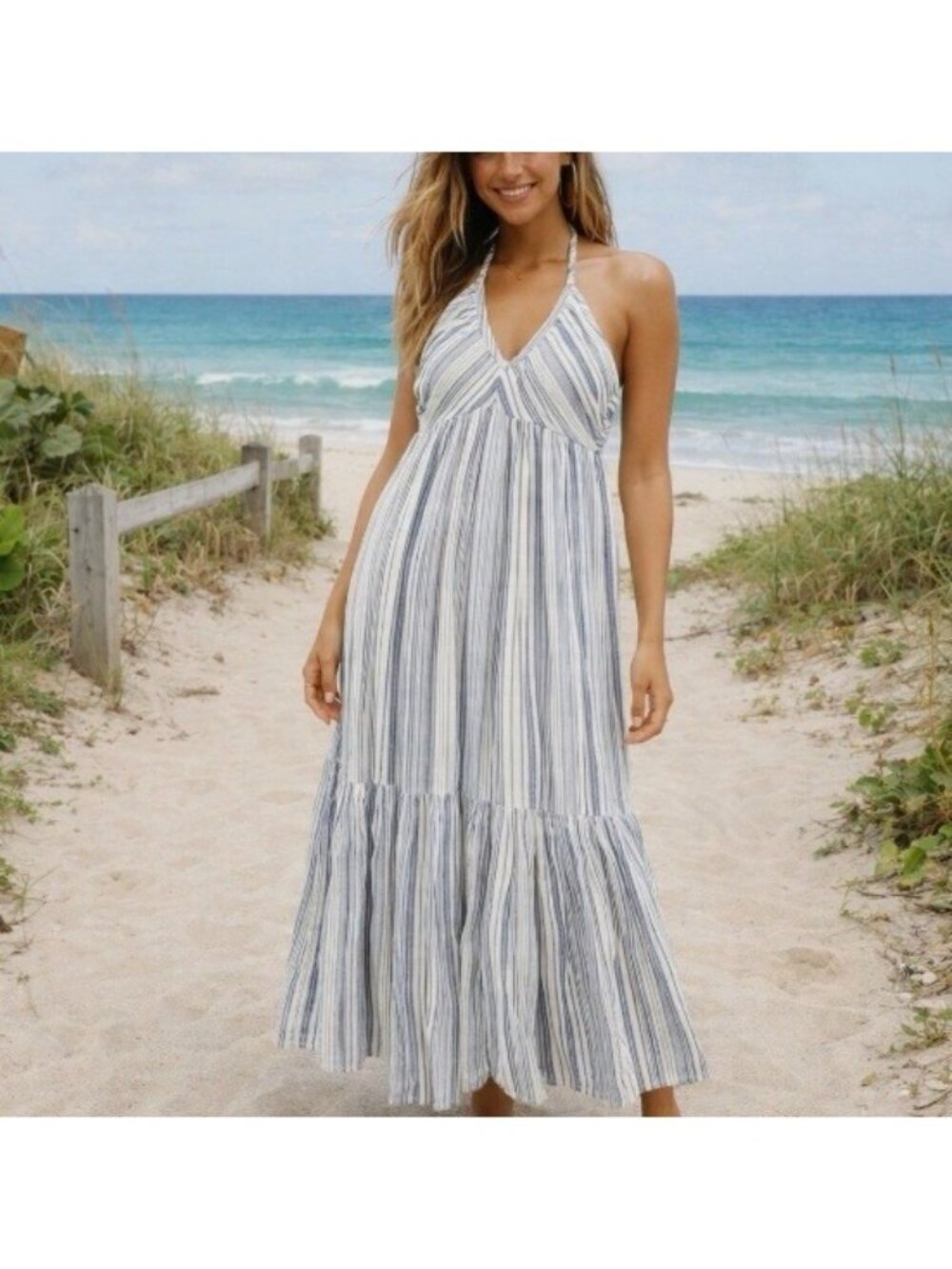 Free People Audrey Striped Halter Maxi Dress Blue White S